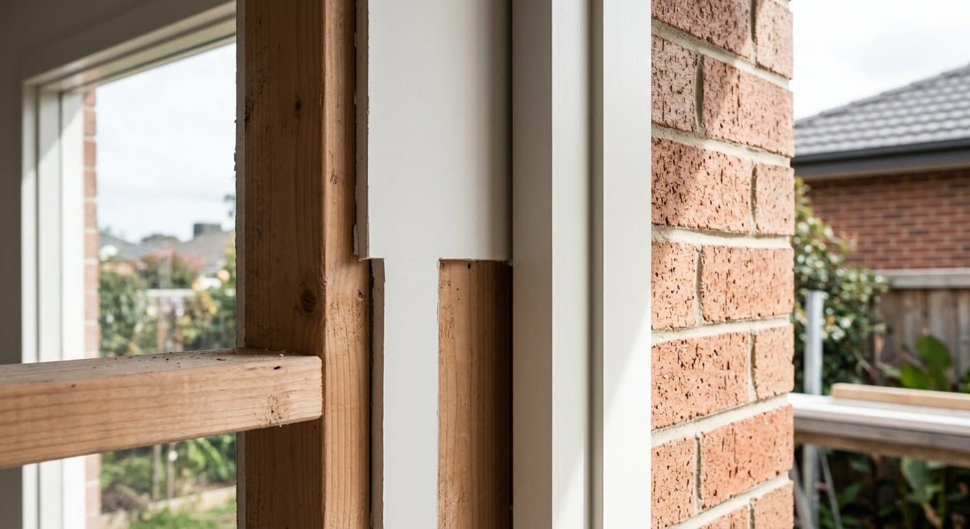 Close detail of new timber framing, plasterboard and a crisp painted reveal meeting cleanly, with new brickwork beyond.