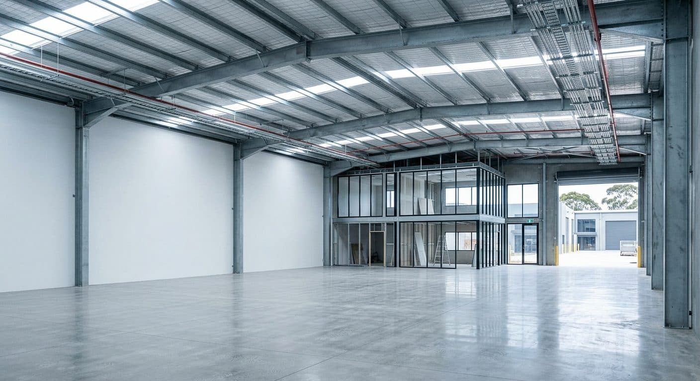 The interior of a light industrial warehouse and office fitout under construction, with a clear span steel frame and new polished concrete floor.