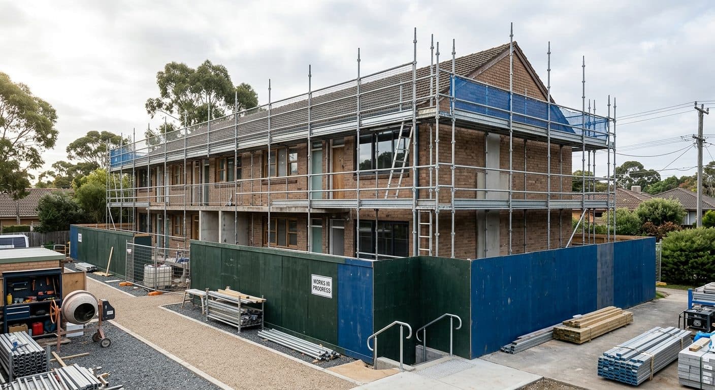A low rise public housing block mid-upgrade, with scaffolding, new windows part installed and a clean, orderly work zone.