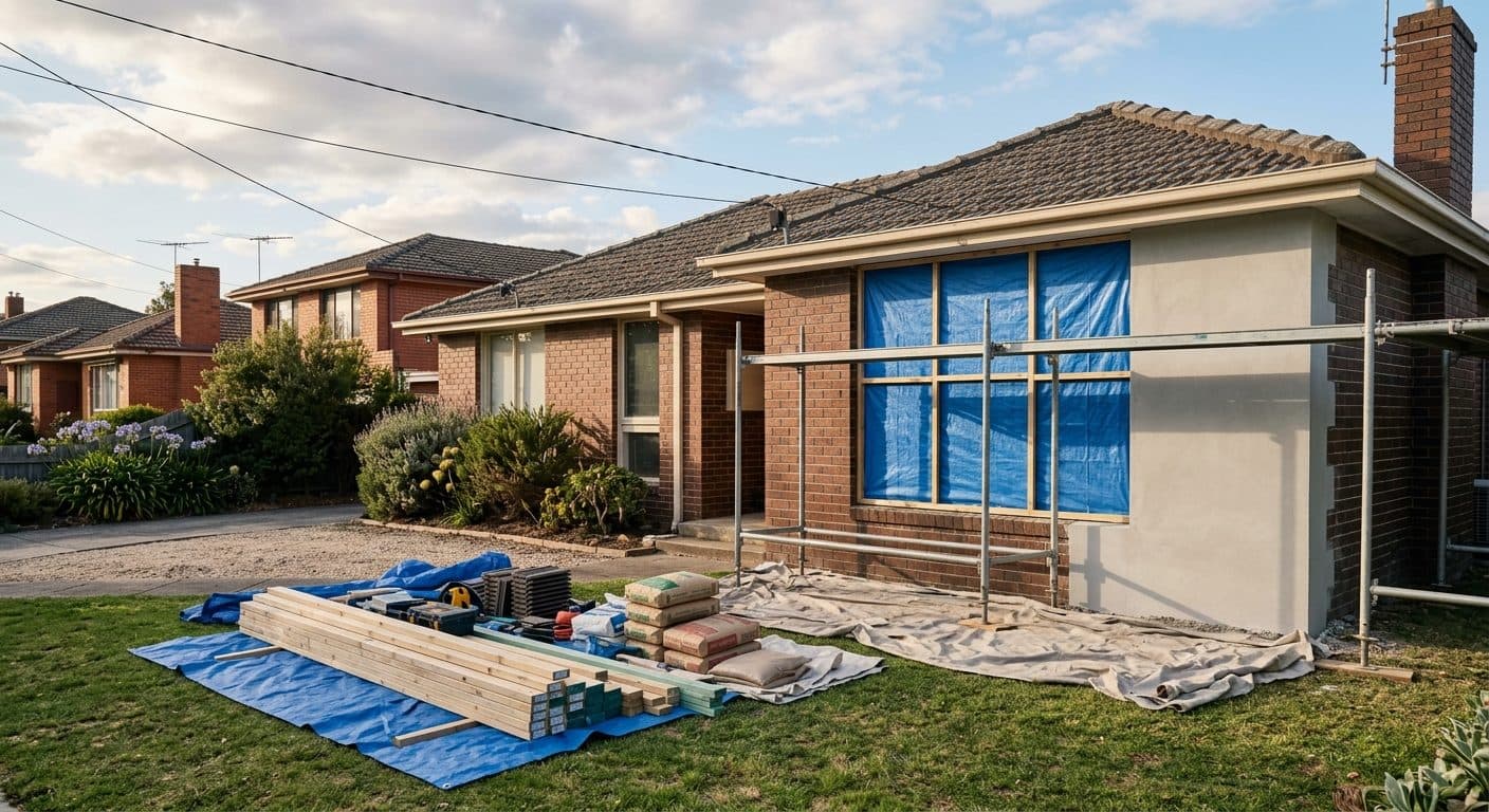 A suburban brick home part way through insurance repair work, with a newly rebuilt and rendered wall section and clean protective sheeting.