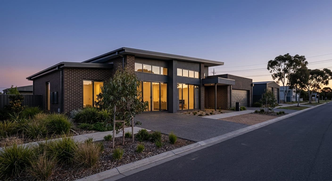 A newly completed contemporary Australian family home at dusk, with a rendered facade, dark framed windows and crisp landscaping.