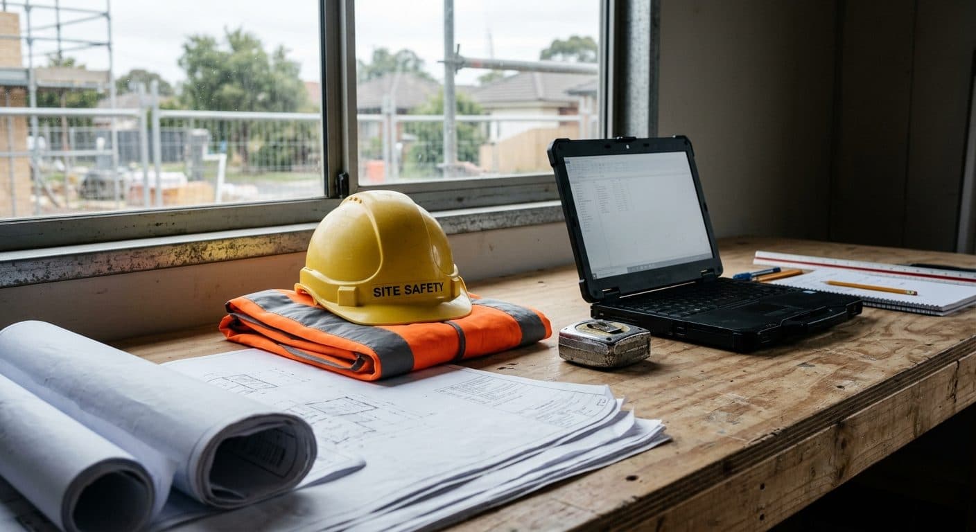 An organised site office table with rolled architectural drawings, a hard hat and a folded hi-vis vest in soft window light.